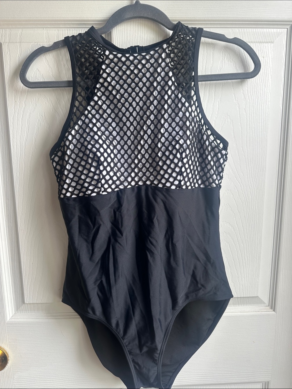 High-Neck Black and White Mesh One-Piece Swimsuit